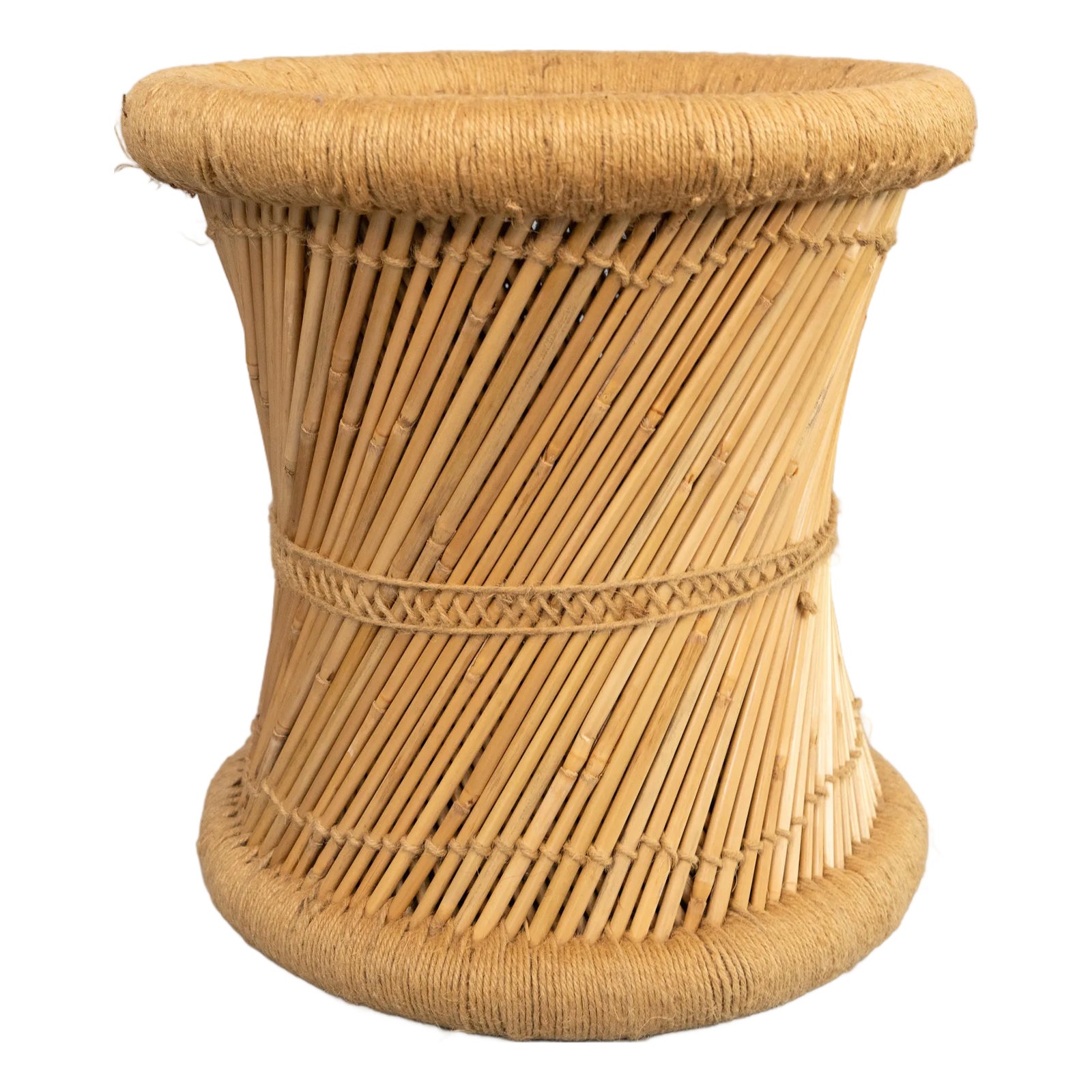 Mid-Century Pencil Reed Rattan & Rope Stool Side Table | Chairish