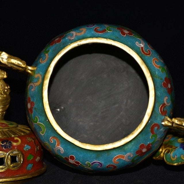 Elegant Vintage Chinese Cloisonné Enamel & Gilt Bronze Tripod Censer on Stand For Sale - Image 4 of 9