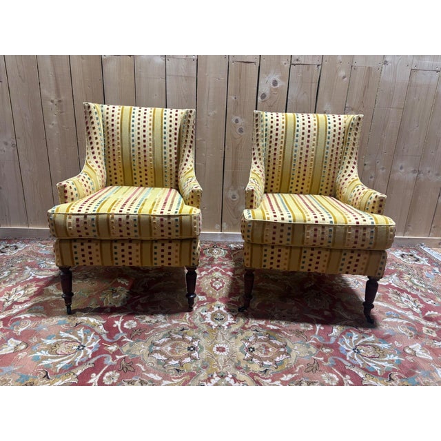 Magnificent pair of napoleon iii style wingback armchairs, fully reupholstered in a contemporary cut velvet with gold...