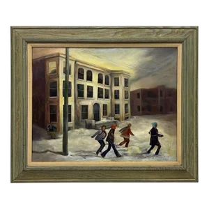 1940s Wpa Winter School Yard Scene Oil Painting by A. Stuz