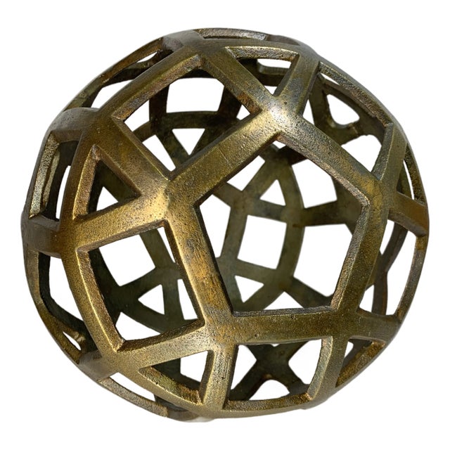 11” Cast Metal Golden Decorative Sphere Sculpture For Sale