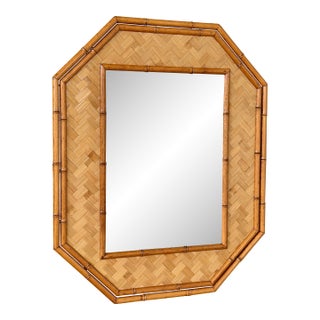 Vintage Octagonal Faux Bamboo and Woven Rattan Wall Mirror For Sale