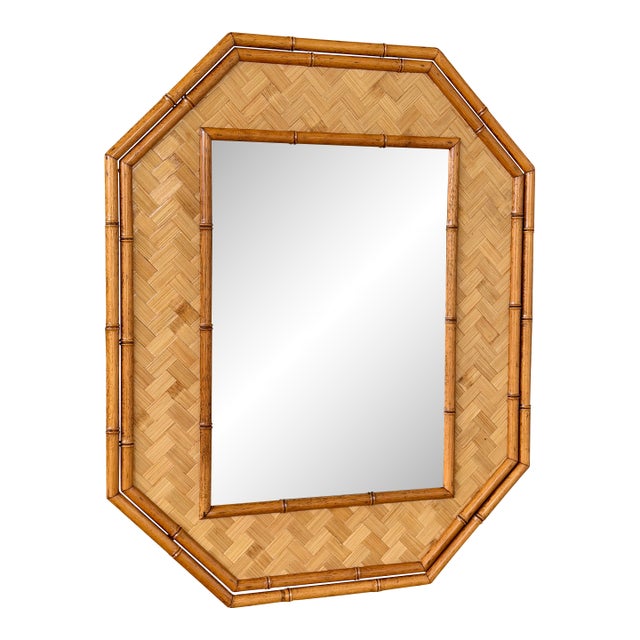 Vintage Octagonal Faux Bamboo and Woven Rattan Wall Mirror For Sale