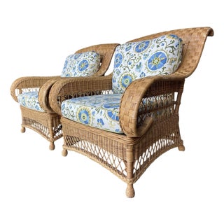 Vintage Henry Link for Lexington Woven Rattan and Wicker Lounge Armchairs With Floral Upholstery | a Pair For Sale