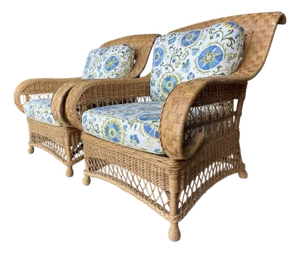 Vintage Henry Link for Lexington Woven Rattan and Wicker Lounge Armchairs With Floral Upholstery | Pair