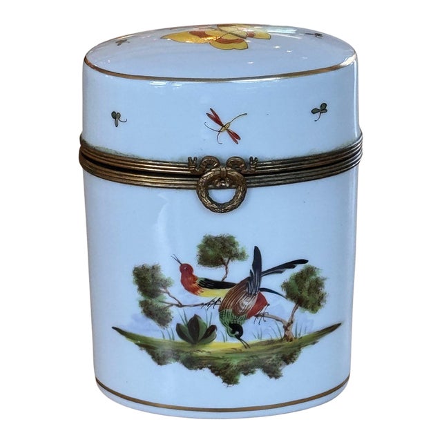 Vintage Sèvres Porcelain Oval Box With Painted Birds and Butterfly For Sale