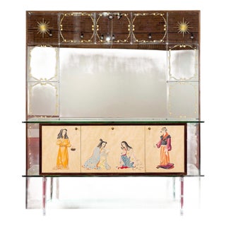Mid Century Mirrored Bar Cabinet Credenza With Asian Motif, Made in Italy For Sale