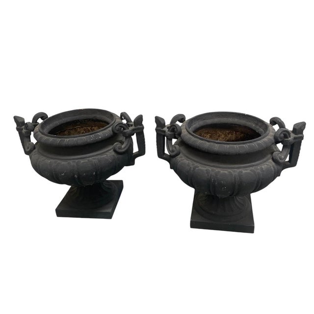 Pair of Vintage Neo-Classical Cast Iron Style Garden Urns – Matte Black For Sale In West Palm - Image 6 of 12