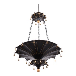 Vintage Two-Tiers Upside Down Umbrella Ceiling Chandelier , Black With Gold Lines. For Sale