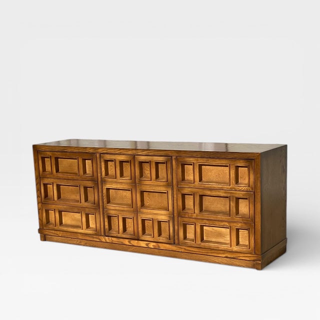 Vintage Brutalist Oak Geometric-Front Lowboy Dresser, Mid-Century For Sale In Los Angeles - Image 6 of 18