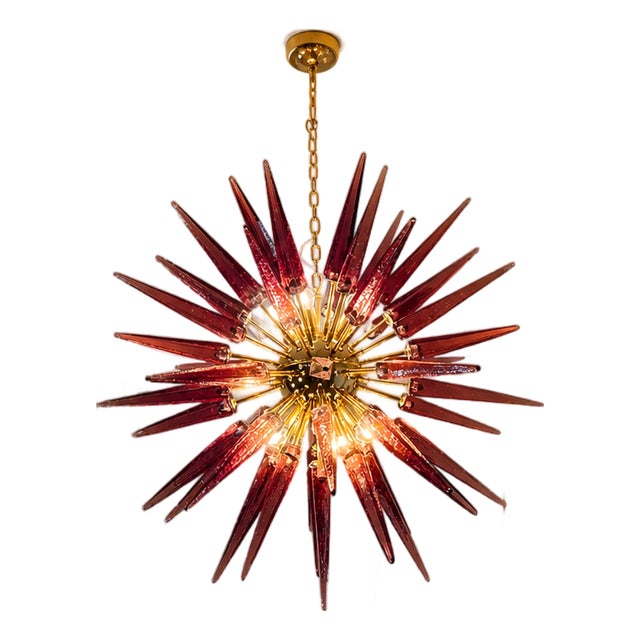 Murano Glass Sputnik Chandelier, Italian Mid Century Modern Brass Light Fixture For Sale