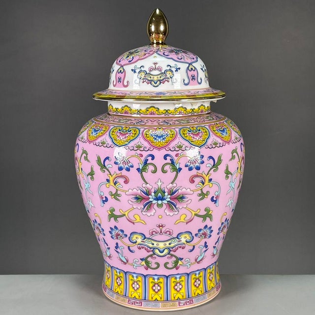Ceramic Chinese Pink Ground Famille Rose Porcelain Covered Jar With Lotus Motif For Sale - Image 7 of 9