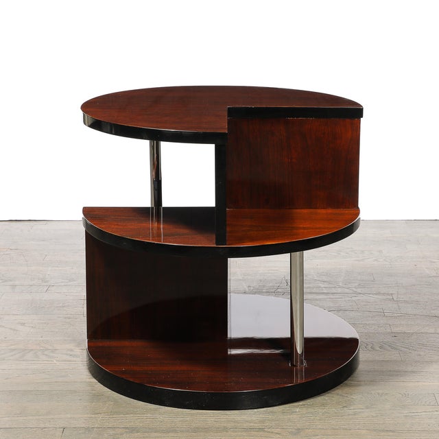 Art Deco Machine Age 3-Tier Walnut Occasional Table With Chrome Rod Supports For Sale - Image 10 of 15