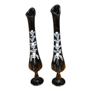 Signed Fenton Black Amethyst Swung Vase/Pair
