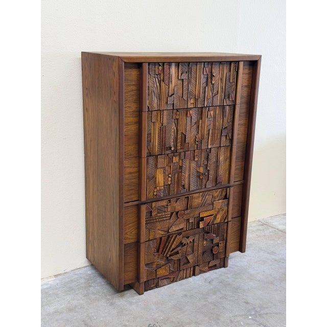Mid-Century Modern Lane Pueblo Brutalist Wooden Highboy – Oak Dresser Paul Evans Style Mosaic Front 1970s For Sale - Image 3 of 10