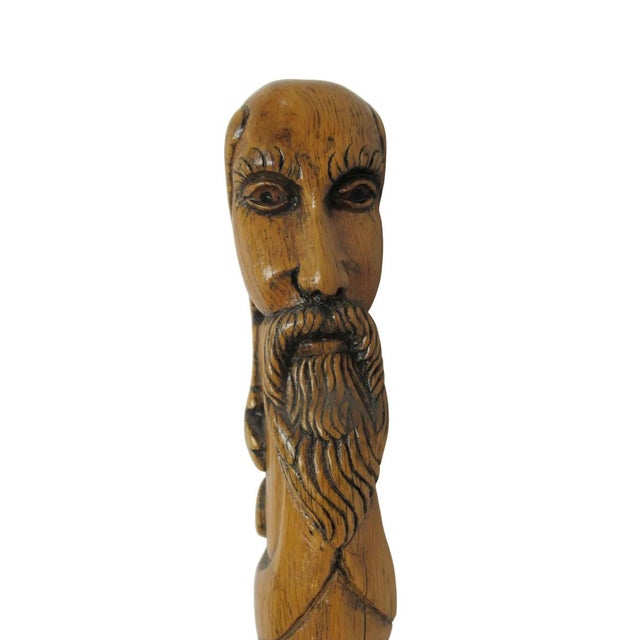 Figurative Antique Folk Art Carved Wood Dog Animal & Bearded Man Double Face Walking Stick For Sale - Image 3 of 10