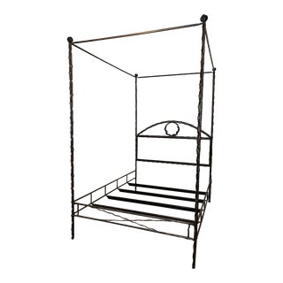 Ironies Wreath Canopy Queen Sized Iron Bed with Leather Upholstered Headboard For Sale