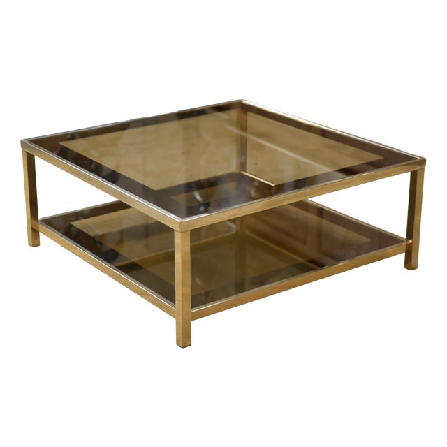Hollywood Regency Coffee Table in Smoked Glass with Mirrored Frame, 1970s For Sale
