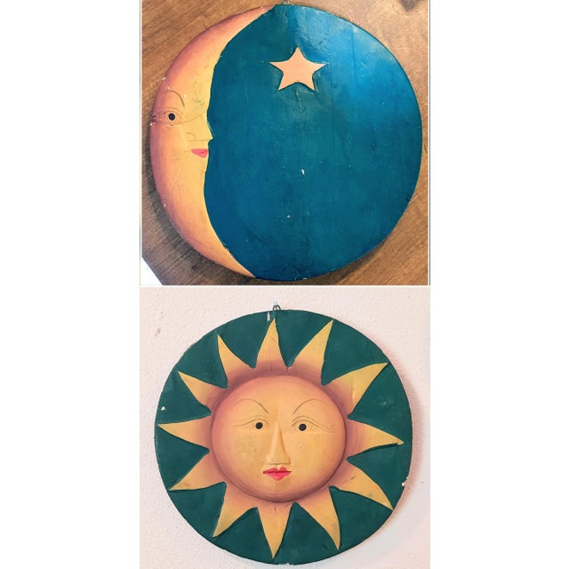 Aqua Vintage Mexican Folk Art Moon and Sun Hand Painted Wall Plaque For Sale - Image 8 of 8