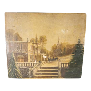 19th Century Folk Art Americana Oil Painting on Wood of Snowy Landscape
