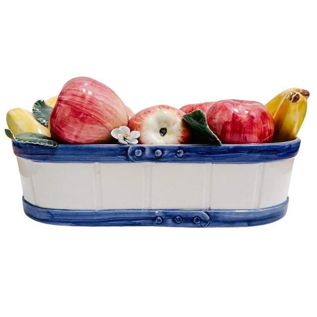 Mediterranean 1990s Italian Glazed Ceramic Apples & Bananas Basket Topiary Centerpiece for Gumps San Francisco For Sale - Image 3 of 10