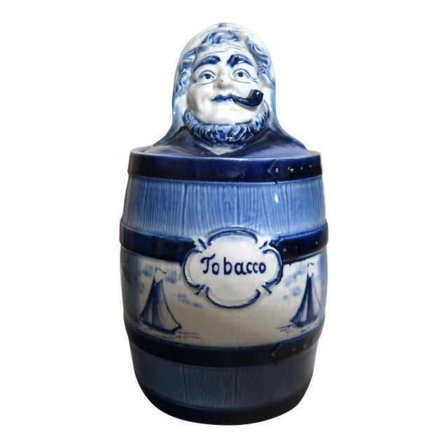 Delft Vintage Porcelain Tobacco Box With Uncommon Figural Lid For Sale