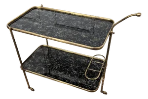 Art Deco Italian Two-Tier Gilt Brass and Marble Glass Bar Cart by Milo Baughman, 1950s