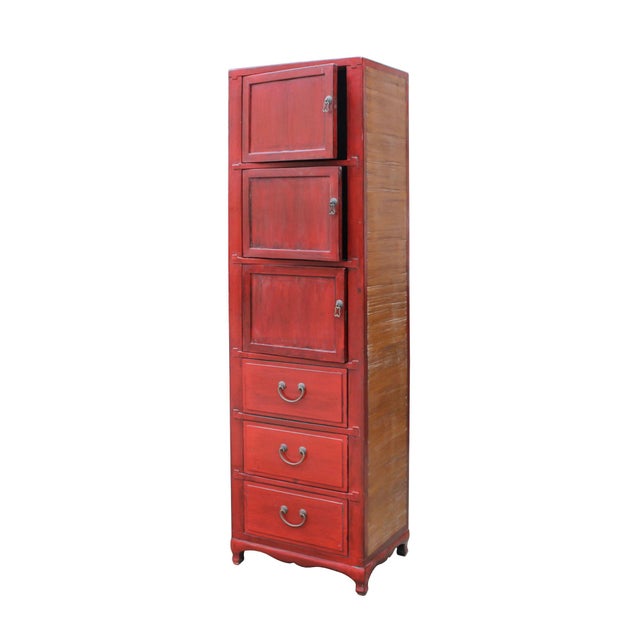 Chinese Vintage Red Lacquer Narrow 3 Shelves Drawers Storage