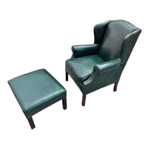 Leather Chair and Ottoman Set in Dark Green - Vintage Late 20th Century