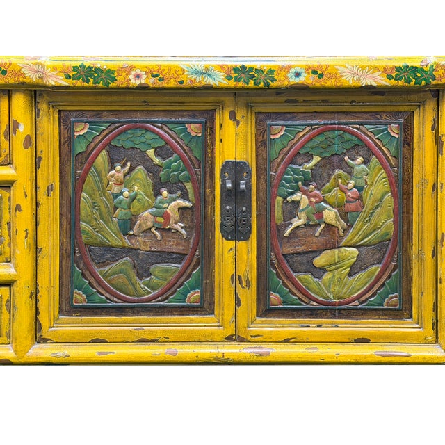 Vintage Chinese Yellow Lacquered Wood Credenza Sideboard Carved Scenic Panels For Sale - Image 9 of 18