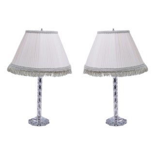 1980s Pair of Tall Mid Century Modern Crystal & Chrome Lamps For Sale