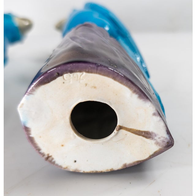 20th Century Pair of Chinese Chinoiserie Turquoise Blue and Purple Parrot Figures For Sale - Image 11 of 13