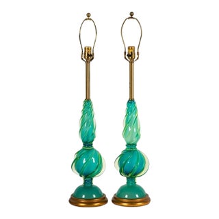 1960s Marbro SMCM Seguso Murano Glass Swirl Design Table Lamps For Sale