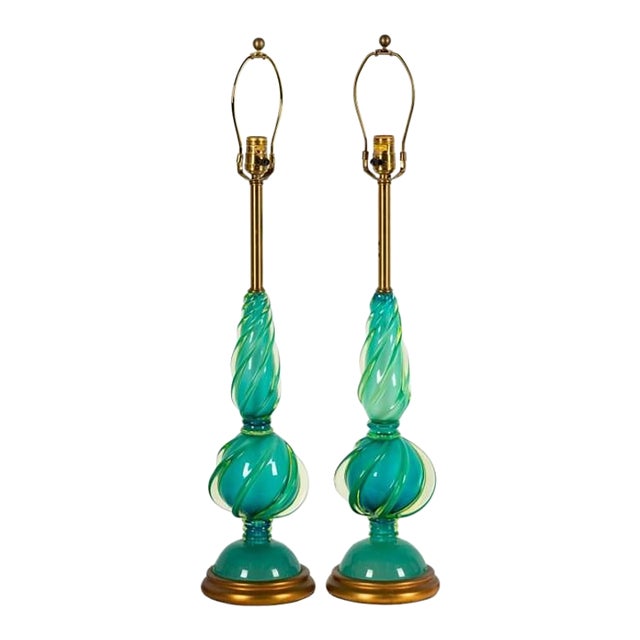 1960s Marbro SMCM Seguso Murano Glass Swirl Design Table Lamps For Sale