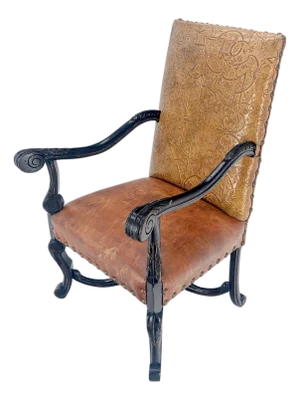 Large Ebonised Carved Walnut Embossed Leather Upholstery Regency ArmChair