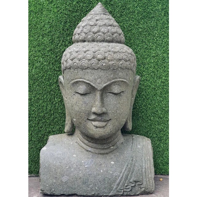 Mid 20th Century Vintage Stone Garden Buddha Bust Statue For Sale - Image 5 of 6