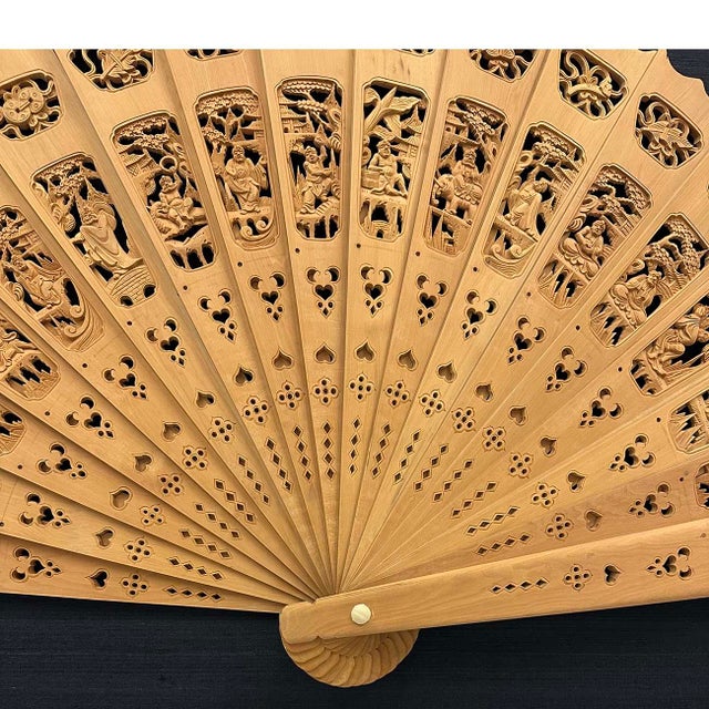 Brown Mid-20th Century Chinese Boxwood Carved Decorative Fan For Sale - Image 8 of 11