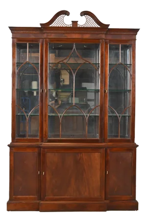 Stickley Georgian Flame Mahogany Lighted Breakfront Bookcase Cabinet