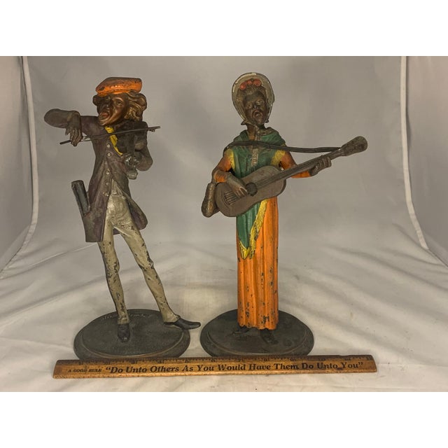 Antique Spelter Musician Candlesticks: Cold Painted Caricature Pair For Sale - Image 9 of 10