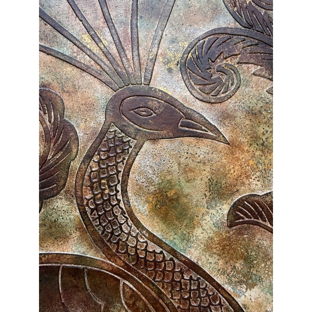 Tony Duquette 1970s Signed Peacock Relief 6-Panel Folding Screen by K. Walton 12/100 For Sale - Image 4 of 18