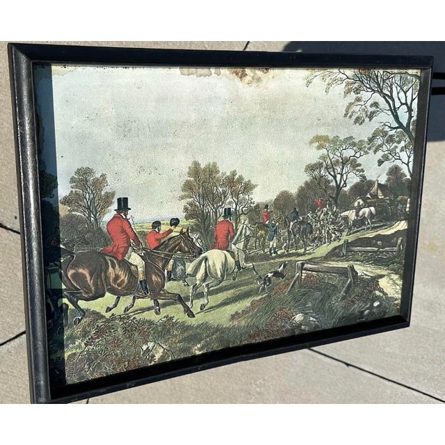 Plastic Vintage Mid 20th Century English Hunting Scene Folding Snack Trays With Stand- Set of 4 For Sale - Image 7 of 12