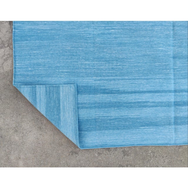 Casa Cosima Handmade Cotton Vegetable Dyed Reversible Solid Sky Blue Rug Dhurrie - 6'x9' For Sale - Image 4 of 11