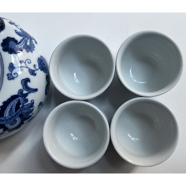 Vintage Pier 1 Imports White & Blue Chinoiserie Style Tea Set for 4 For Sale - Image 9 of 17