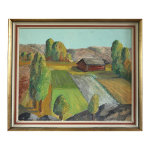 Mid-Century Modern 'Golden Hour Fields' Vintage Swedish Expresive Landscape Oil Painting, Framed
