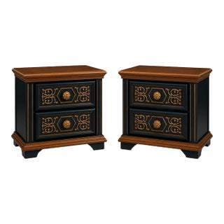 Pair of Vintage 1970s Drexel-Attributed Nightstands — Custom Midnight Blue & Gilded Finish, Dovetail Construction For Sale