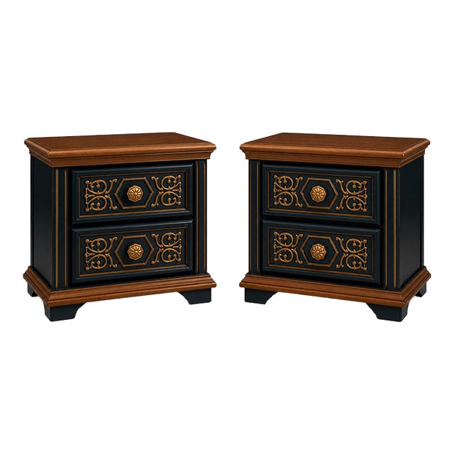Pair of Vintage 1970s Drexel-Attributed Nightstands — Custom Midnight Blue & Gilded Finish, Dovetail Construction For Sale