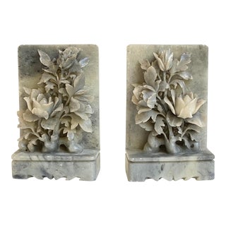 Vintage Chinese Carved Soapstone Floral Bookends - a Pair For Sale