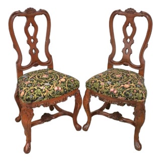 Pair of Late 20th Century George III Style Carved Fruitwood and Floral Upholstered Side Chairs For Sale