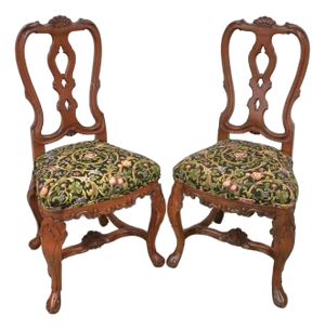 Pair of Late 20th Century George III Style Carved Fruitwood and Floral Upholstered Side Chairs