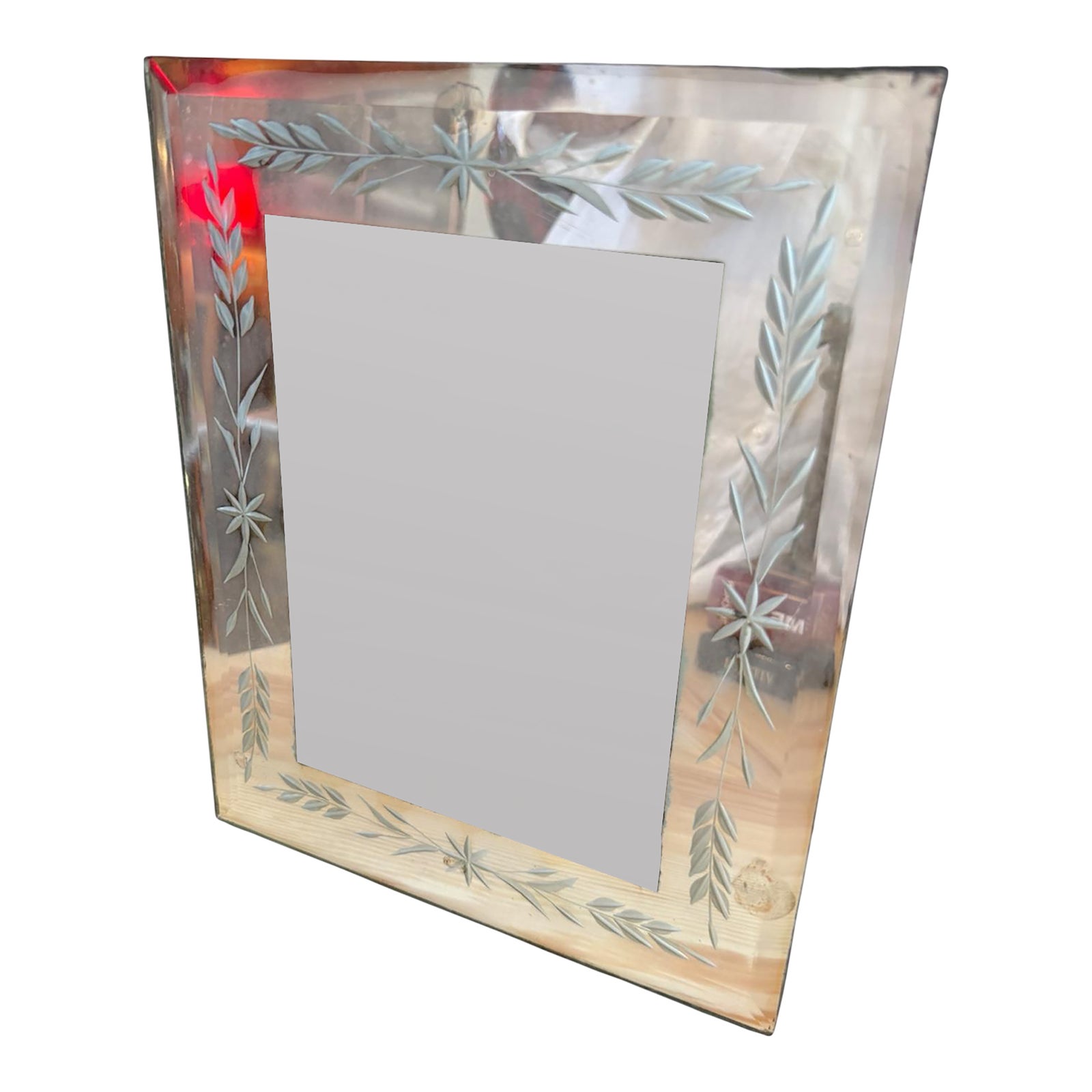 Vintage Italian Hand-Etched Glass Picture Frame With Floral Motif